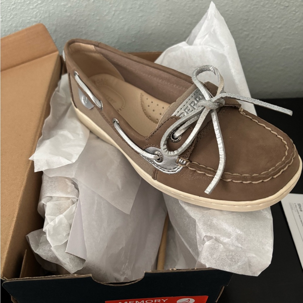 Sperry Brown Leather Boat Shoe with Silver Accent angelfish